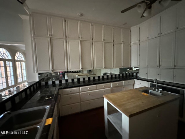 1912 N Petit Bois St, Jackson, MS 39211 - kitchen with white cabinetry, butcher block counters, ceiling fan, and a sink