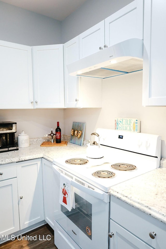 1045 Mckinley St, Waveland, MS 39576 - kitchen with white electric range oven, under cabinet range hood, white cabinetry, light stone counters, and dark wood-style floors