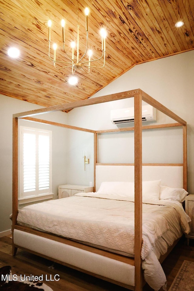 1045 Mckinley St, Waveland, MS 39576 - bedroom featuring wood ceiling, a wall unit AC, lofted ceiling, wood finished floors, and recessed lighting