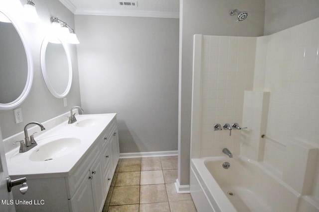 full bath with crown molding, a sink, tile patterned flooring, and  shower combination