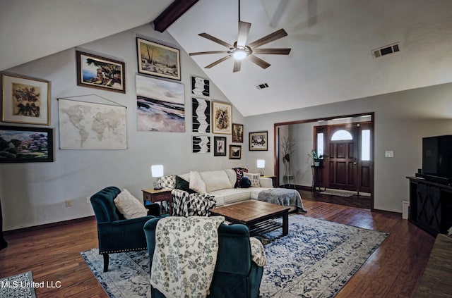 320 Woodhollow Cv, Brandon, MS 39047 - living area with ceiling fan, wood finished floors, beamed ceiling, and high vaulted ceiling