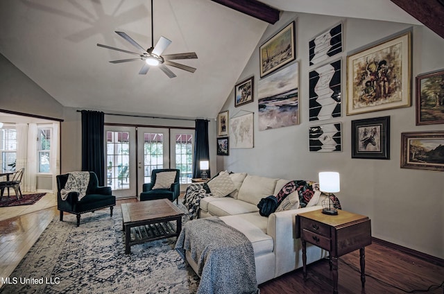 320 Woodhollow Cv, Brandon, MS 39047 - living area featuring hardwood / wood-style flooring, ceiling fan, plenty of natural light, beamed ceiling, and high vaulted ceiling