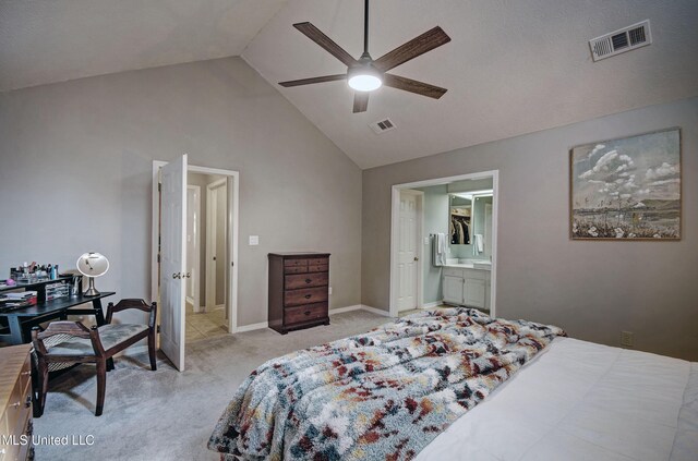 320 Woodhollow Cv, Brandon, MS 39047 - bedroom with light carpet, high vaulted ceiling, connected bathroom, and a ceiling fan