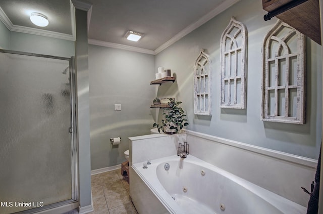 320 Woodhollow Cv, Brandon, MS 39047 - bathroom with a stall shower, a tub with jets, tile patterned flooring, and ornamental molding