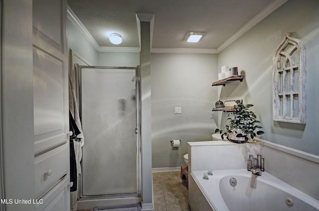320 Woodhollow Cv, Brandon, MS 39047 - bathroom with a shower stall, crown molding, a jetted tub, and tile patterned flooring