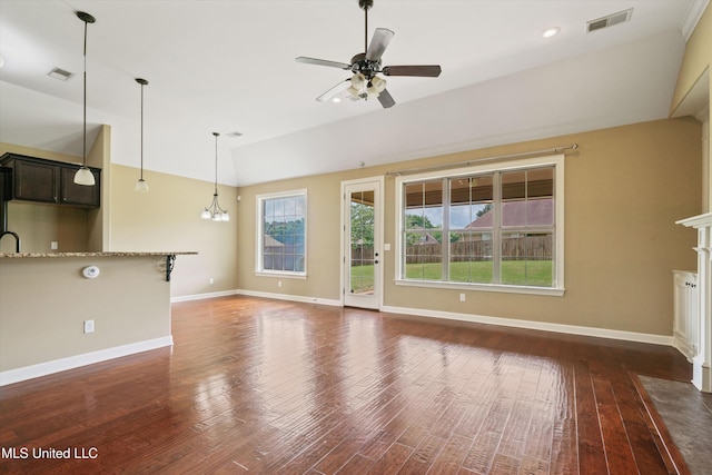 4913 Deer Run Rd, Olive Branch, MS 38654 - unfurnished living room featuring a ceiling fan, lofted ceiling, dark wood-style flooring, baseboards, and recessed lighting