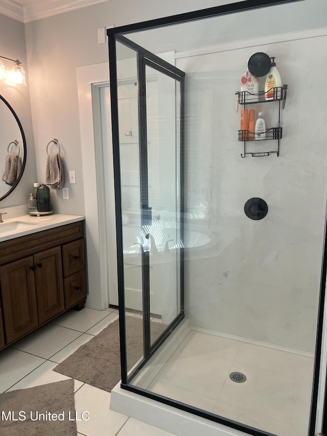 8100 Belle Etheridge Rd, Lucedale, MS 39452 - bathroom with a stall shower, vanity, crown molding, and tile patterned floors