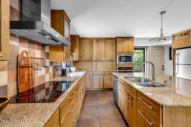 426 Donwood Pl, Biloxi, MS 39530 - kitchen with wall chimney exhaust hood, a sink, appliances with stainless steel finishes, decorative backsplash, and recessed lighting