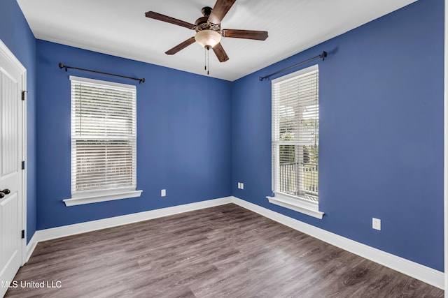 unfurnished room featuring a ceiling fan, a wealth of natural light, and wood finished floors