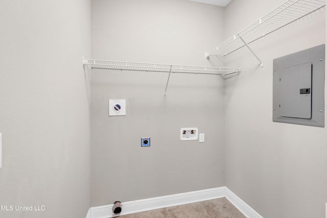 clothes washing area with washer hookup, electric panel, laundry area, electric dryer hookup, and baseboards