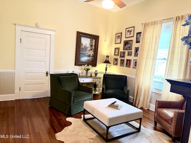 521 Holland Ave, Philadelphia, MS 39350 - living area featuring wood-type flooring, ceiling fan, and crown molding