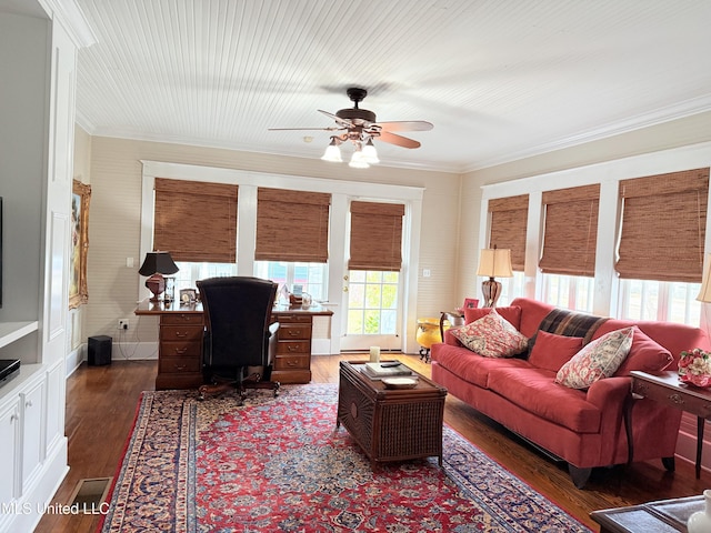 521 Holland Ave, Philadelphia, MS 39350 - living room with crown molding, ceiling fan, and dark wood-type flooring