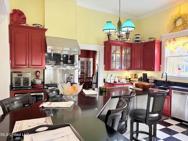 521 Holland Ave, Philadelphia, MS 39350 - kitchen featuring sink, stainless steel dishwasher, a notable chandelier, crown molding, and decorative light fixtures