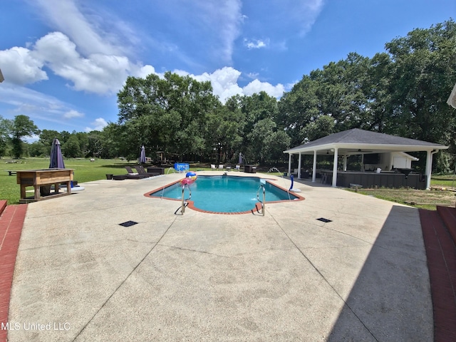 17500 Goff Farm Rd, Moss Point, MS 39562 - swimming pool with a patio area, a gazebo, a yard, and view of wooded area