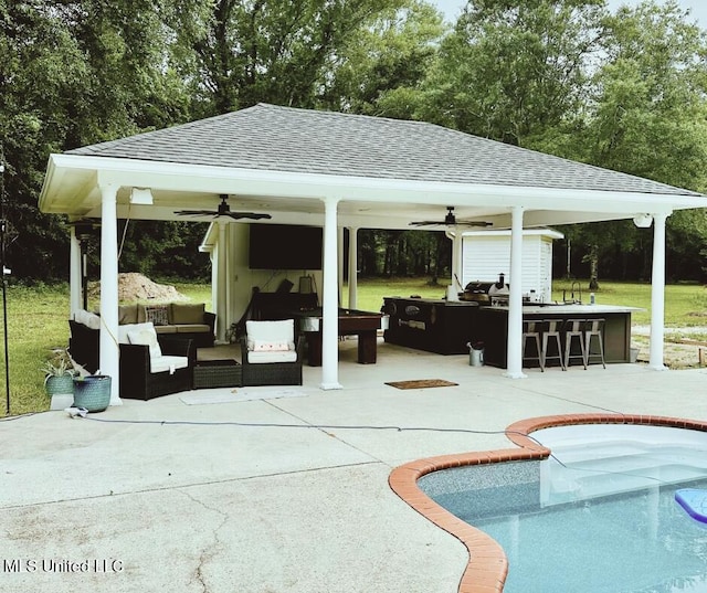 17500 Goff Farm Rd, Moss Point, MS 39562 - outdoor pool with ceiling fan, outdoor lounge area, a gazebo, and a patio