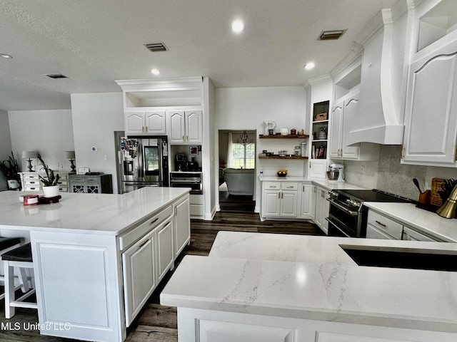 17500 Goff Farm Rd, Moss Point, MS 39562 - kitchen featuring appliances with stainless steel finishes, open shelves, custom exhaust hood, a kitchen island, and white cabinets