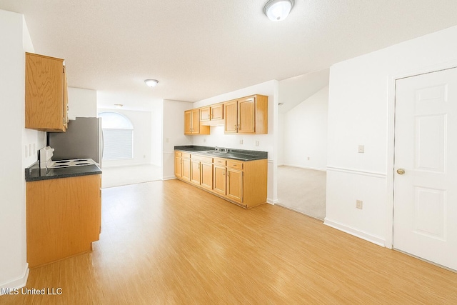 70 Yarbrough Loop, Holly Springs, MS 38635 - kitchen with freestanding refrigerator, light wood-style floors, and dark countertops