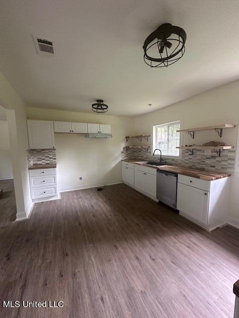 kitchen featuring wooden counters, dishwasher, white cabinetry, and dark hardwood / wood-style flooring