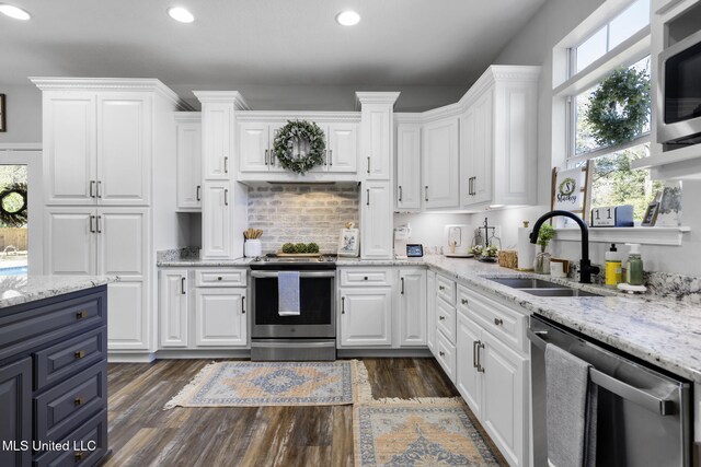 kitchen featuring a sink, white cabinets, dark wood finished floors, and stainless steel appliances