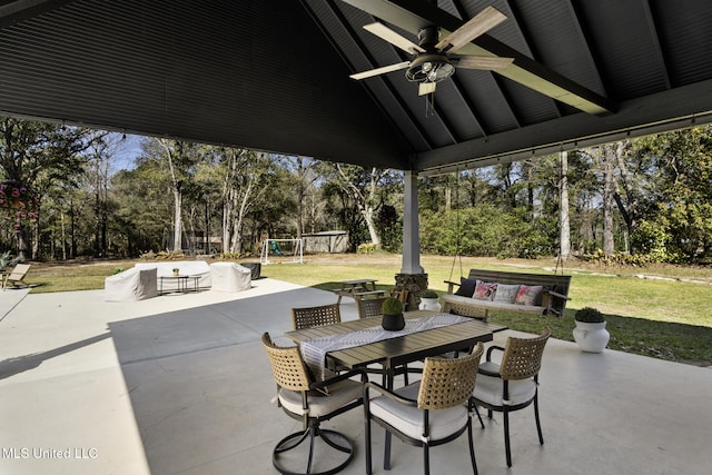 view of patio featuring an outdoor living space, outdoor dining area, and ceiling fan