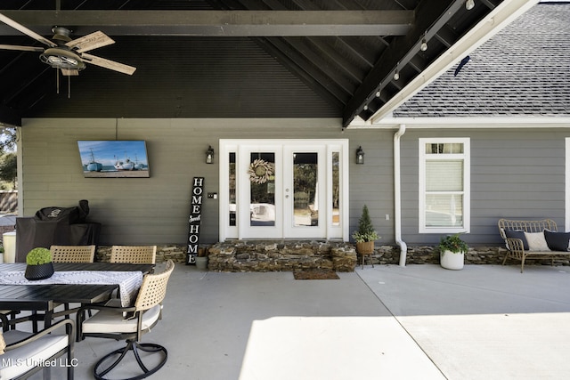 view of patio featuring french doors and ceiling fan