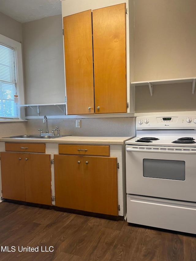 kitchen with dark wood-type flooring, electric range, and sink