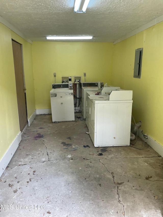 laundry area featuring a textured ceiling, electric panel, and independent washer and dryer