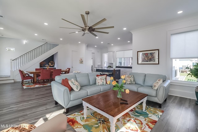 living room featuring dark wood-type flooring, ceiling fan, and crown molding