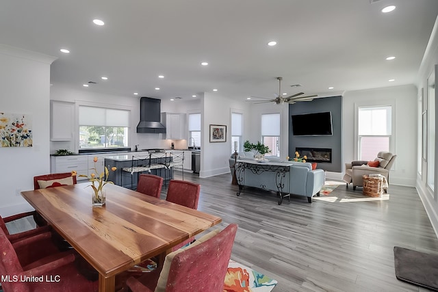 dining space with a wealth of natural light, light hardwood / wood-style floors, ceiling fan, and sink