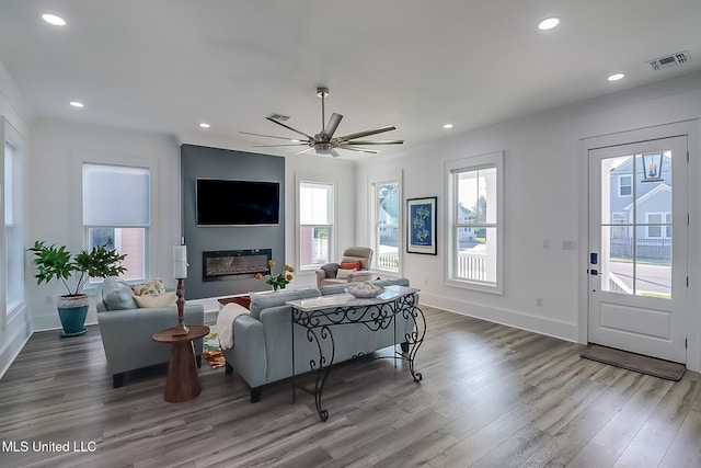 living room featuring hardwood / wood-style floors, ceiling fan, plenty of natural light, and crown molding