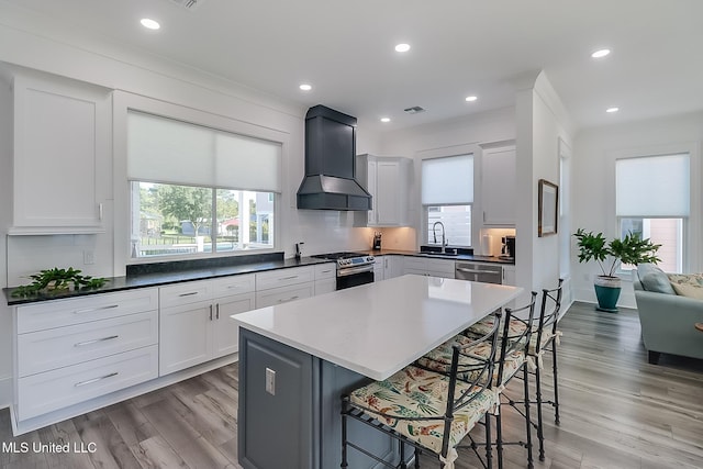 kitchen with a wealth of natural light, a kitchen breakfast bar, a kitchen island, appliances with stainless steel finishes, and premium range hood