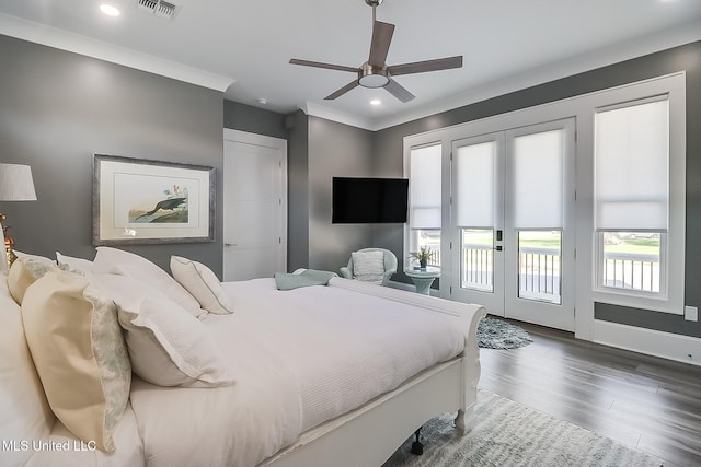 bedroom featuring access to outside, dark hardwood / wood-style flooring, ceiling fan, and crown molding