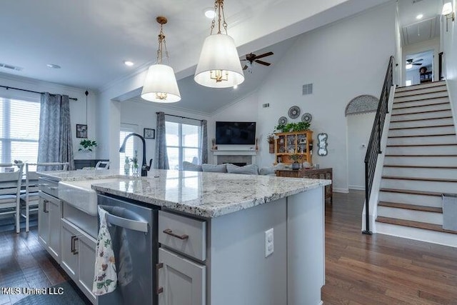 kitchen with dark wood-style floors, plenty of natural light, dishwasher, and ceiling fan