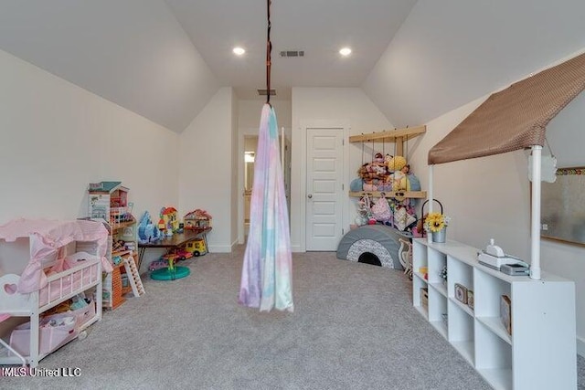 rec room with recessed lighting, visible vents, carpet flooring, and vaulted ceiling