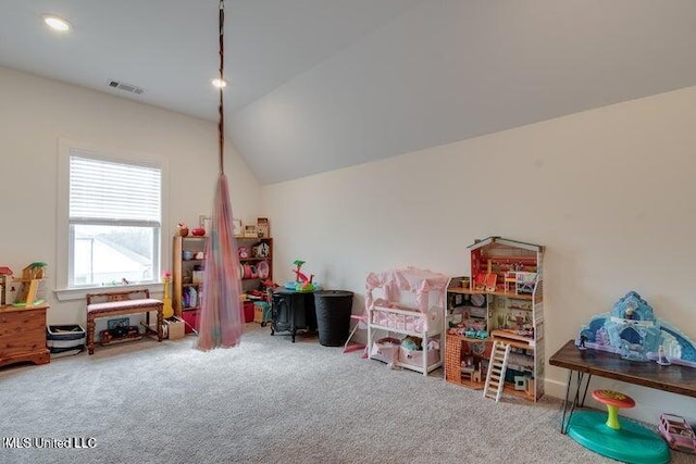 playroom featuring lofted ceiling, recessed lighting, visible vents, and carpet floors