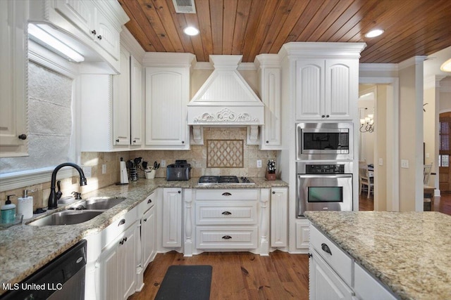 136 Mullherrin Dr, Madison, MS 39110 - kitchen with visible vents, wooden ceiling, a sink, stainless steel appliances, and premium range hood