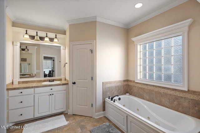 136 Mullherrin Dr, Madison, MS 39110 - ensuite bathroom with crown molding, connected bathroom, vanity, a tub with jets, and tile patterned floors