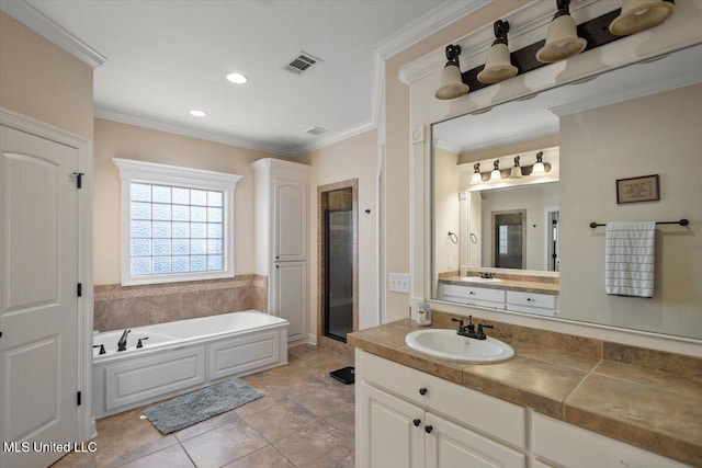 136 Mullherrin Dr, Madison, MS 39110 - full bathroom featuring a bath, a stall shower, crown molding, and visible vents