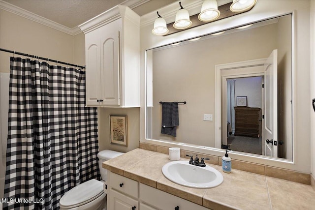 136 Mullherrin Dr, Madison, MS 39110 - full bathroom with ornamental molding, toilet, vanity, and a shower with curtain