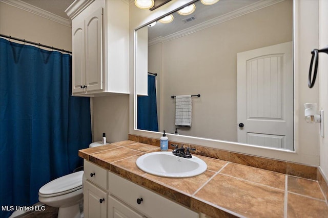 136 Mullherrin Dr, Madison, MS 39110 - full bathroom featuring crown molding, vanity, a shower with curtain, visible vents, and toilet