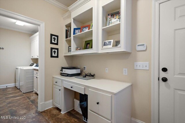 136 Mullherrin Dr, Madison, MS 39110 - home office featuring built in desk, separate washer and dryer, baseboards, and ornamental molding