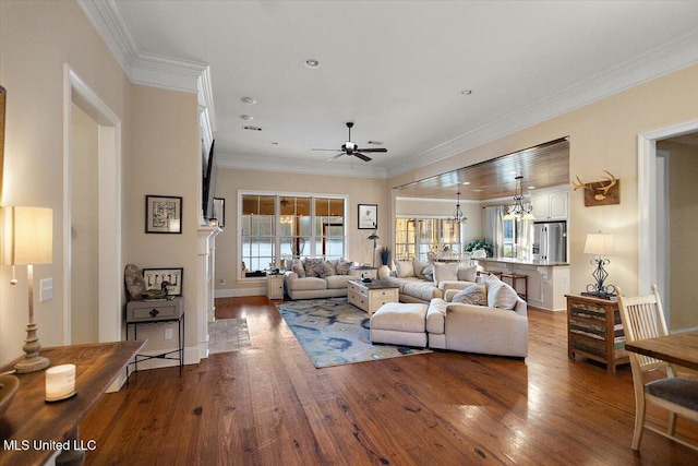 136 Mullherrin Dr, Madison, MS 39110 - living area with ornamental molding, wood-type flooring, baseboards, and a ceiling fan