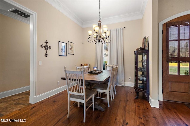 136 Mullherrin Dr, Madison, MS 39110 - dining space featuring an inviting chandelier, baseboards, ornamental molding, and dark wood-style flooring