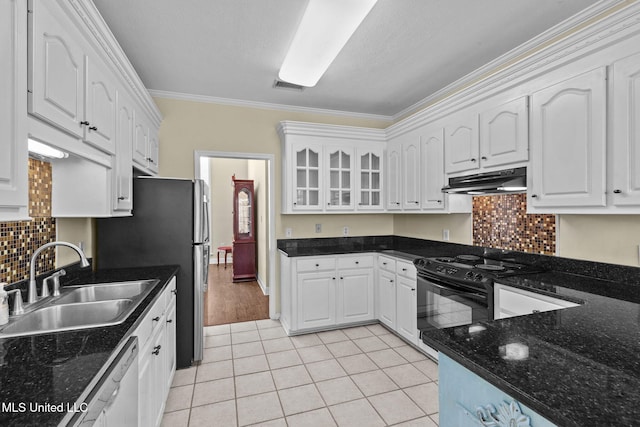 kitchen featuring black electric range, a sink, white cabinetry, and under cabinet range hood