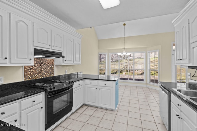 kitchen featuring under cabinet range hood, white cabinets, black electric range, dishwasher, and decorative light fixtures