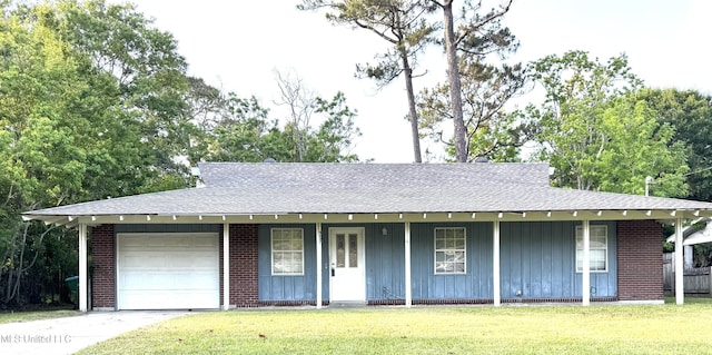 ranch-style house featuring a garage, a shingled roof, a porch, and a front yard