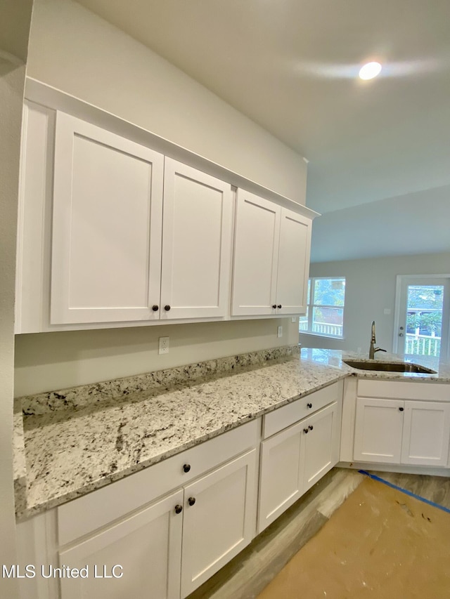 interior space featuring light stone countertops, hardwood / wood-style floors, white cabinetry, and sink