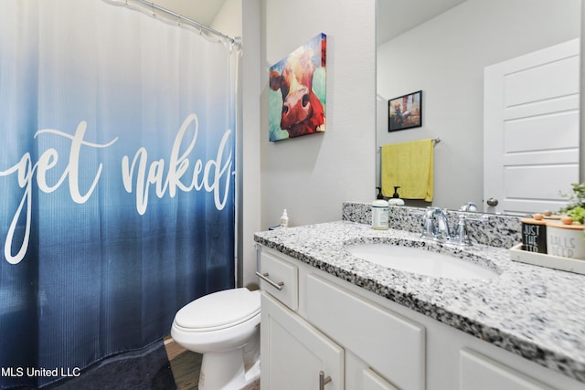 full bathroom featuring a shower with shower curtain, toilet, vanity, and wood finished floors