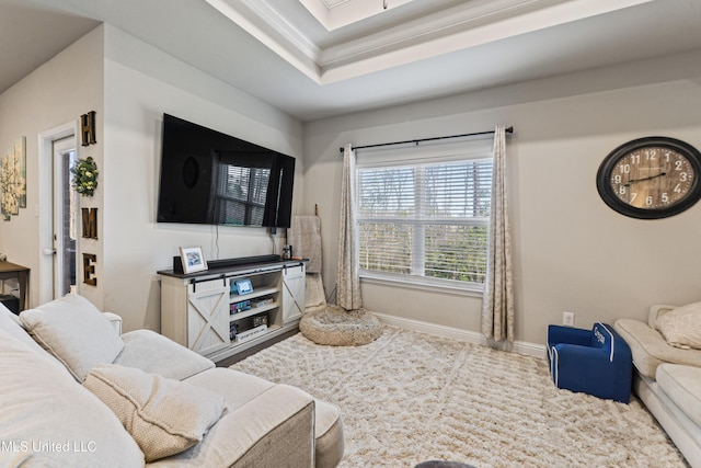 living area with a tray ceiling and baseboards