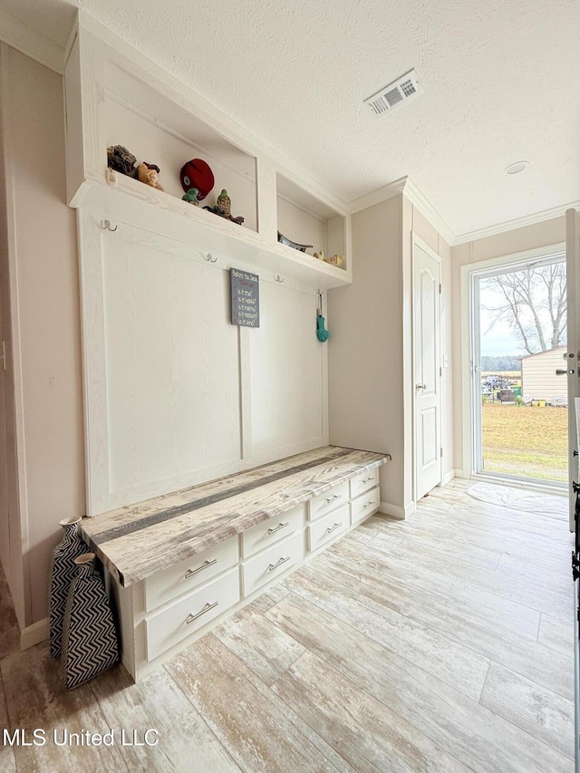 mudroom featuring light hardwood / wood-style floors, crown molding, and a textured ceiling